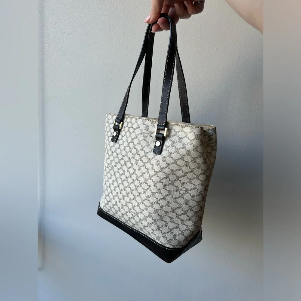 Vintage Celine Macadam Leather Shoulder Bag in White & Dark Brown - Picture 2 of 16
